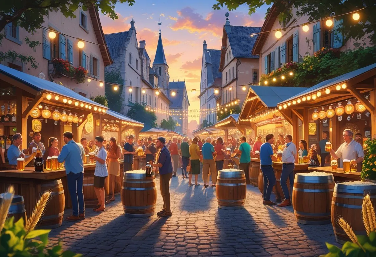 Une scène animée d’un festival de la bière en plein air à Saint Quentin avec des personnes qui dégustent de la bière et profitent de l’événement dans une place de ville historique.