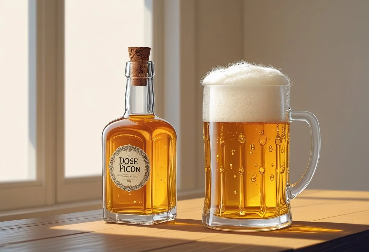 Une petite bouteille élégante à côté d'un verre de bière dorée avec une mousse blanche sur une table en bois.