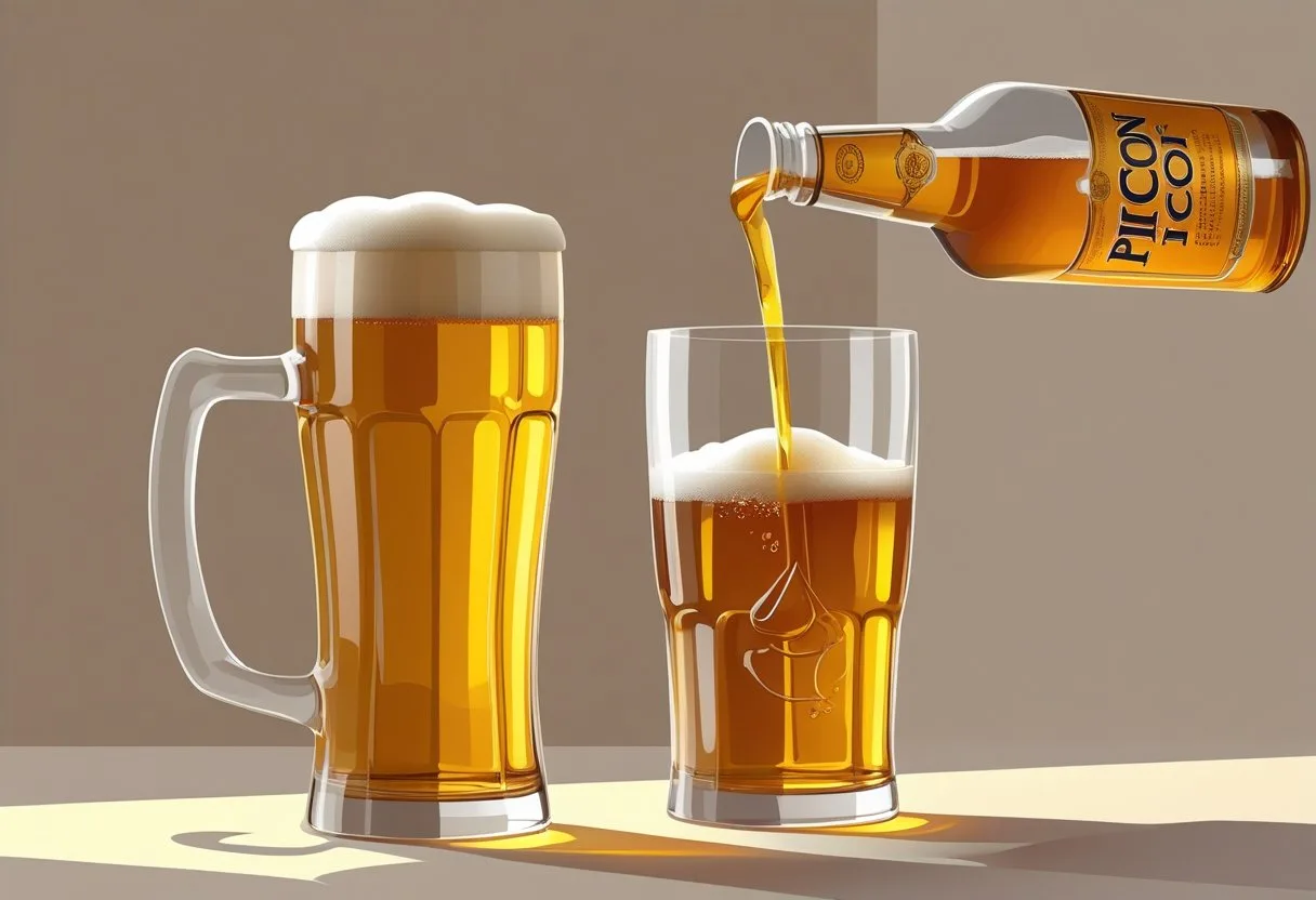 Un verre de bière dorée à moitié rempli avec une petite bouteille de Picon versant une dose précise dans la bière.