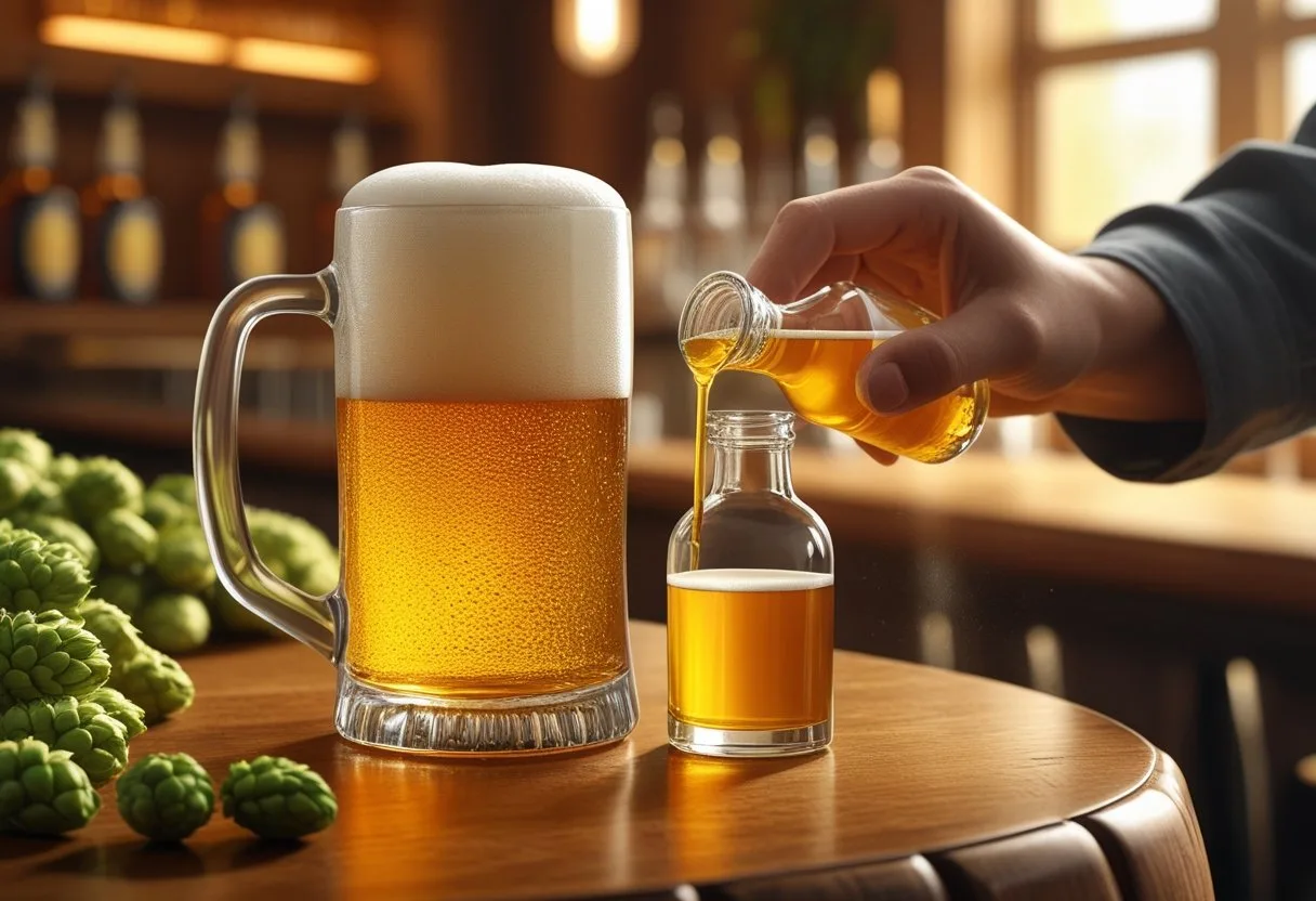 Un verre de bière dorée avec une mousse blanche, une petite bouteille de Picon à côté, une main versant du Picon dans la bière dans un cadre de bar chaleureux.