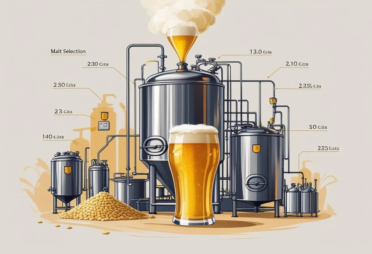 Illustration montrant les différentes étapes du processus de brassage d'une pinte de bière avec des équipements de brassage et des icônes indiquant l'influence sur les calories.