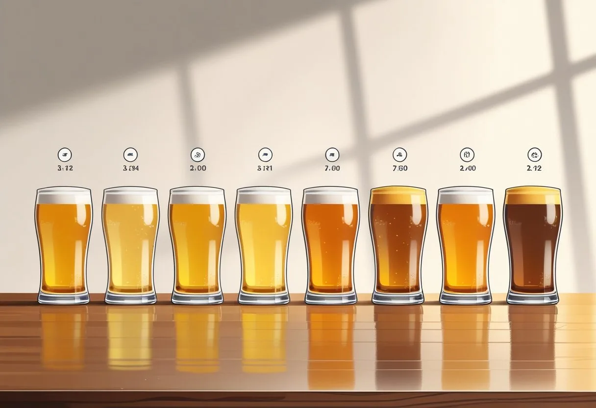 Plusieurs pintes de bière de différentes couleurs disposées sur une table en bois, chacune accompagnée d'un symbole indiquant les calories.