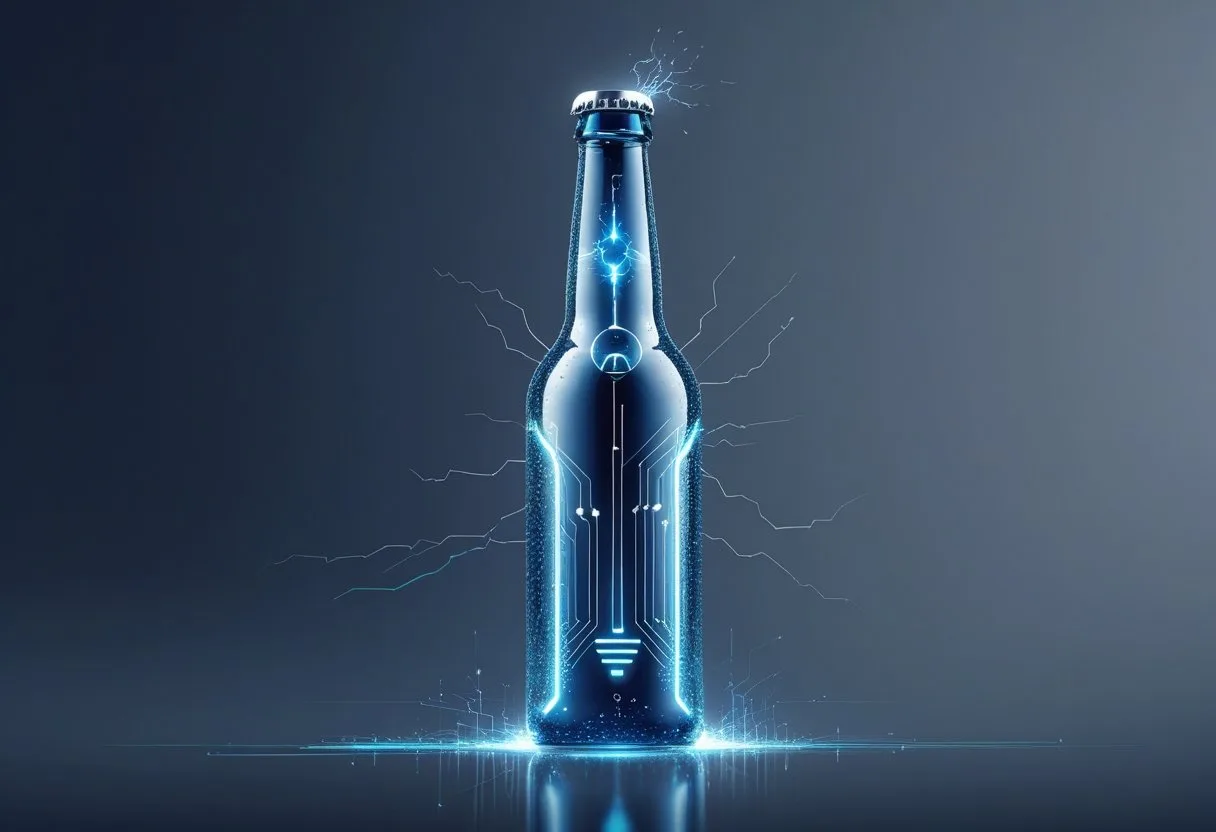 Une bouteille de bière futuriste avec un design moderne et des accents lumineux, entourée de légères étincelles électriques.