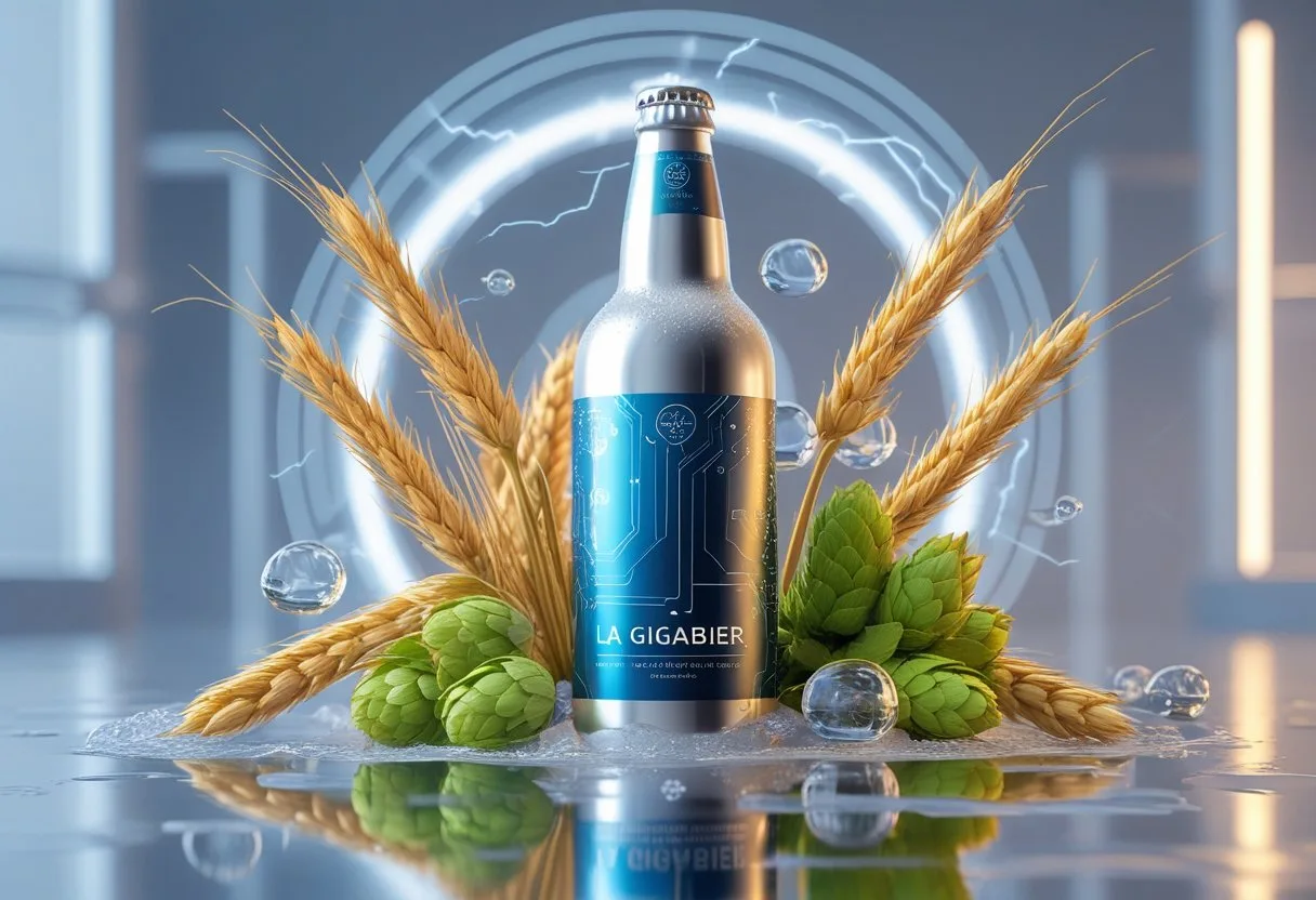 Illustration d'une bouteille de bière futuriste entourée d'ingrédients comme l'orge, le houblon et des gouttes d'eau, avec un éclair électrique en arrière-plan.
