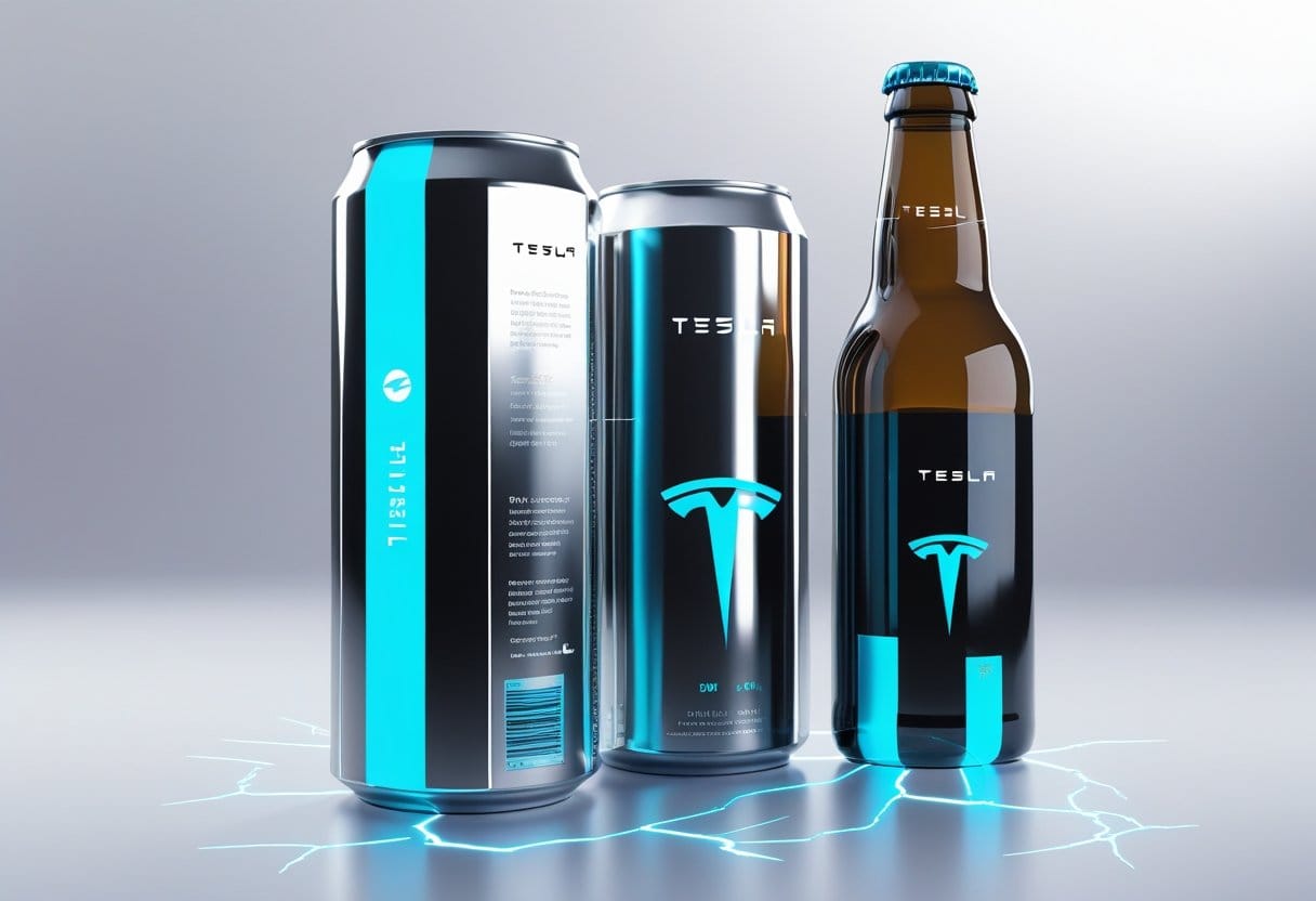 Illustration of Tesla-inspired beer packaging, featuring a bottle and can with a modern, futuristic design in metallic silver, black and electric blue colours.