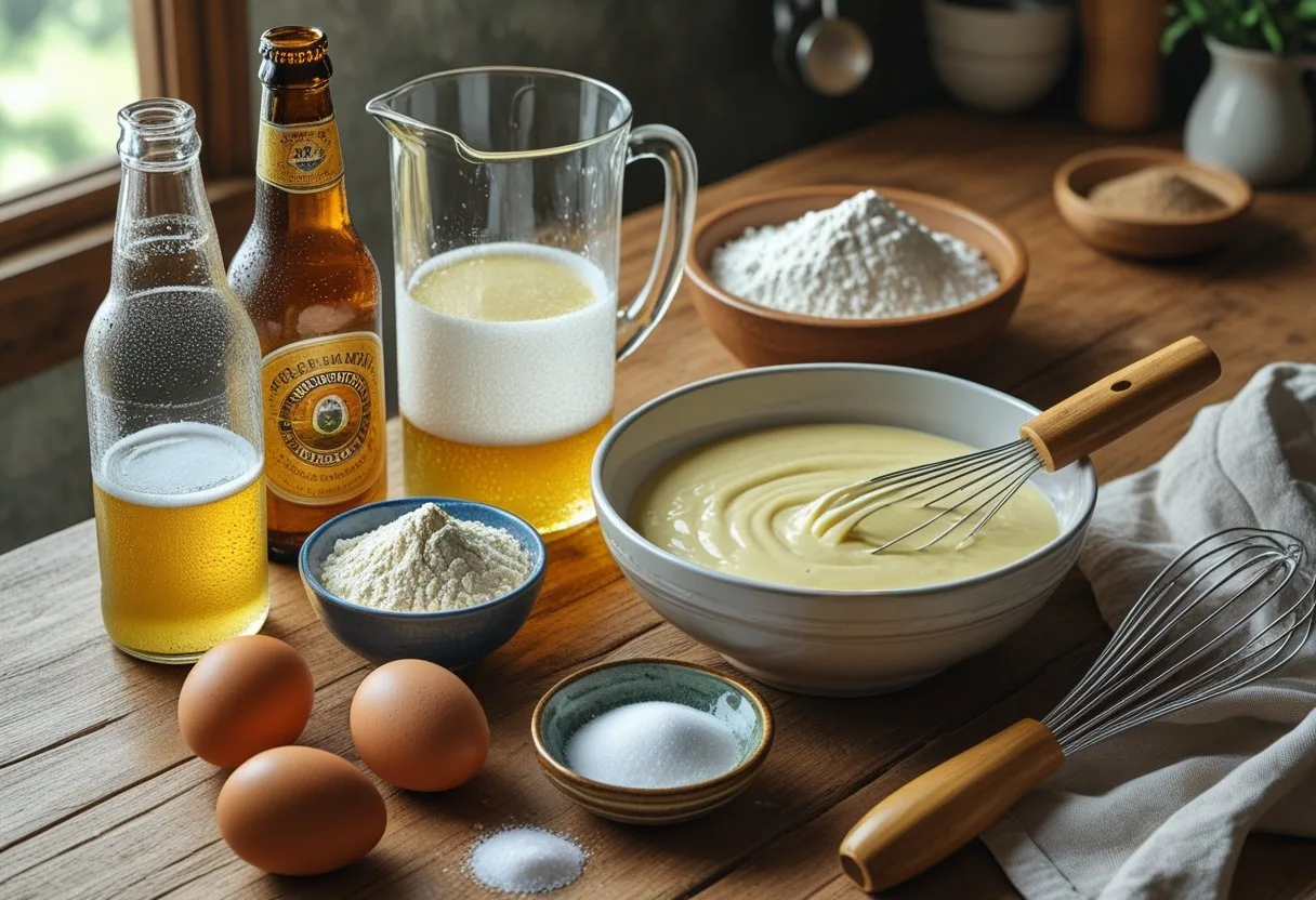 Essential ingredients for milk-free beer pancakes laid out on a wooden kitchen table, including a bottle of beer, flour, eggs, sugar, sparkling water, salt, and a whisk next to a bowl of batter.
