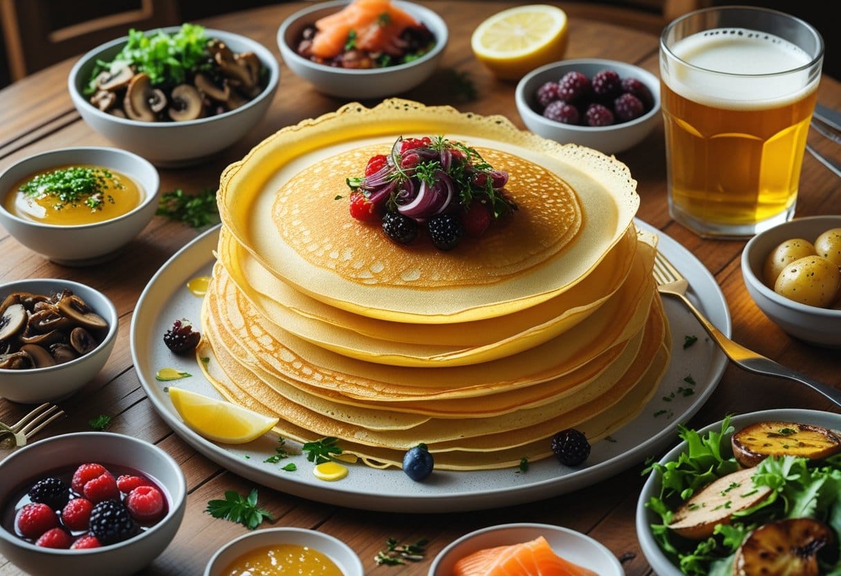 A table with milk-free beer pancakes surrounded by various toppings such as mushrooms, caramelised onions, fresh herbs, smoked salmon, lemon, honey, berries, apple compote, green salad and roast potatoes, with a glass of beer on the side.