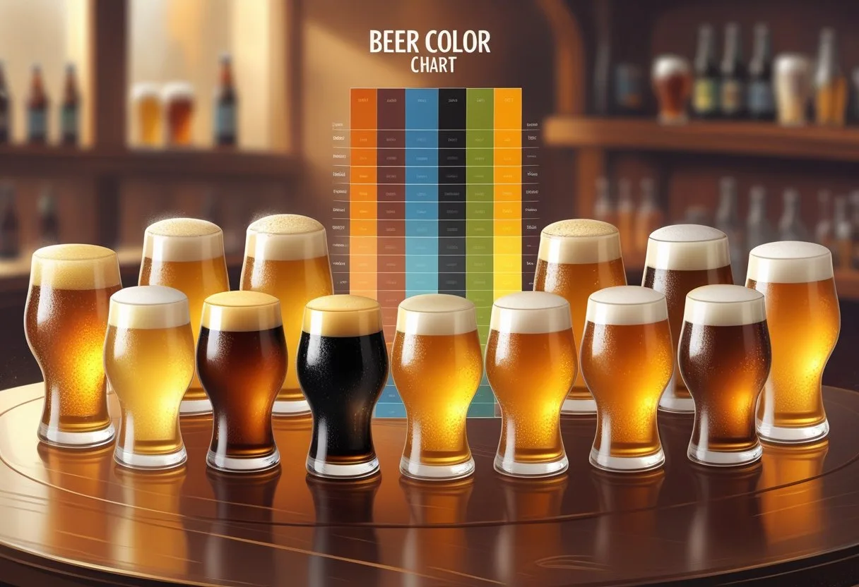 Une illustration professionnelle montrant plusieurs verres de bière de différentes couleurs disposés autour d'une échelle de couleur sur une table en bois.