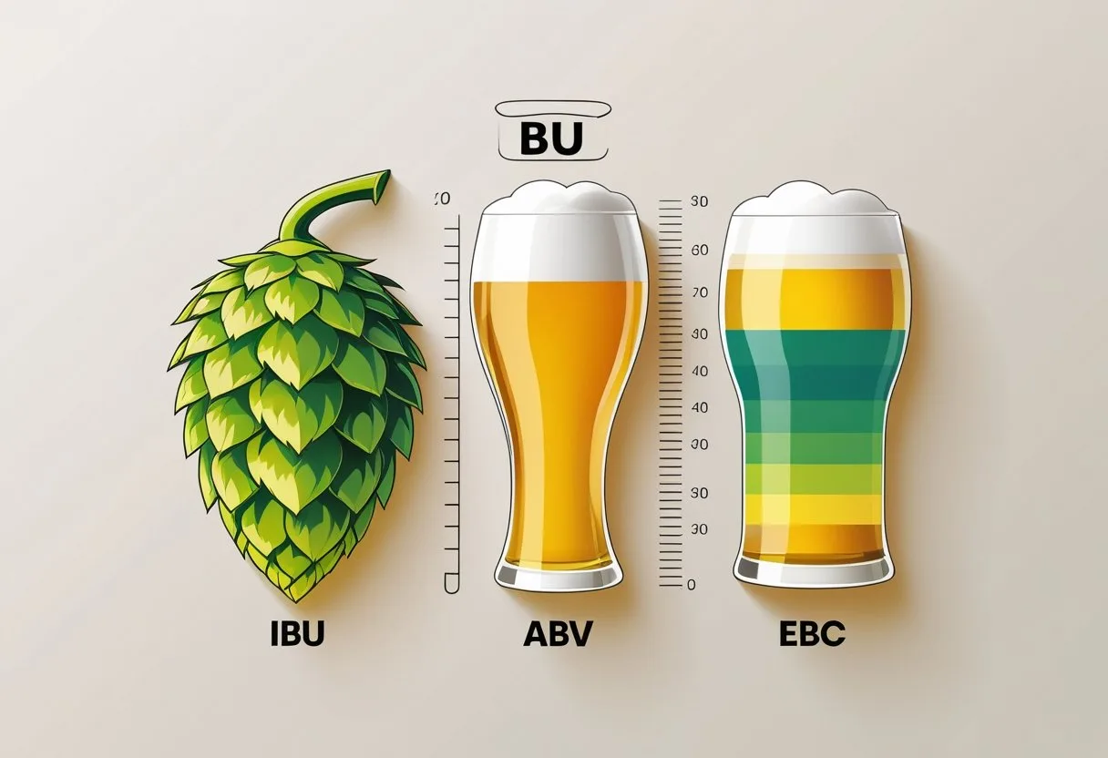 Illustration showing three elements representing the parameters of beer: a hop cone for bitterness, a glass of golden beer for alcohol percentage, and a colour gradient bar ranging from pale yellow to dark amber for beer colour.