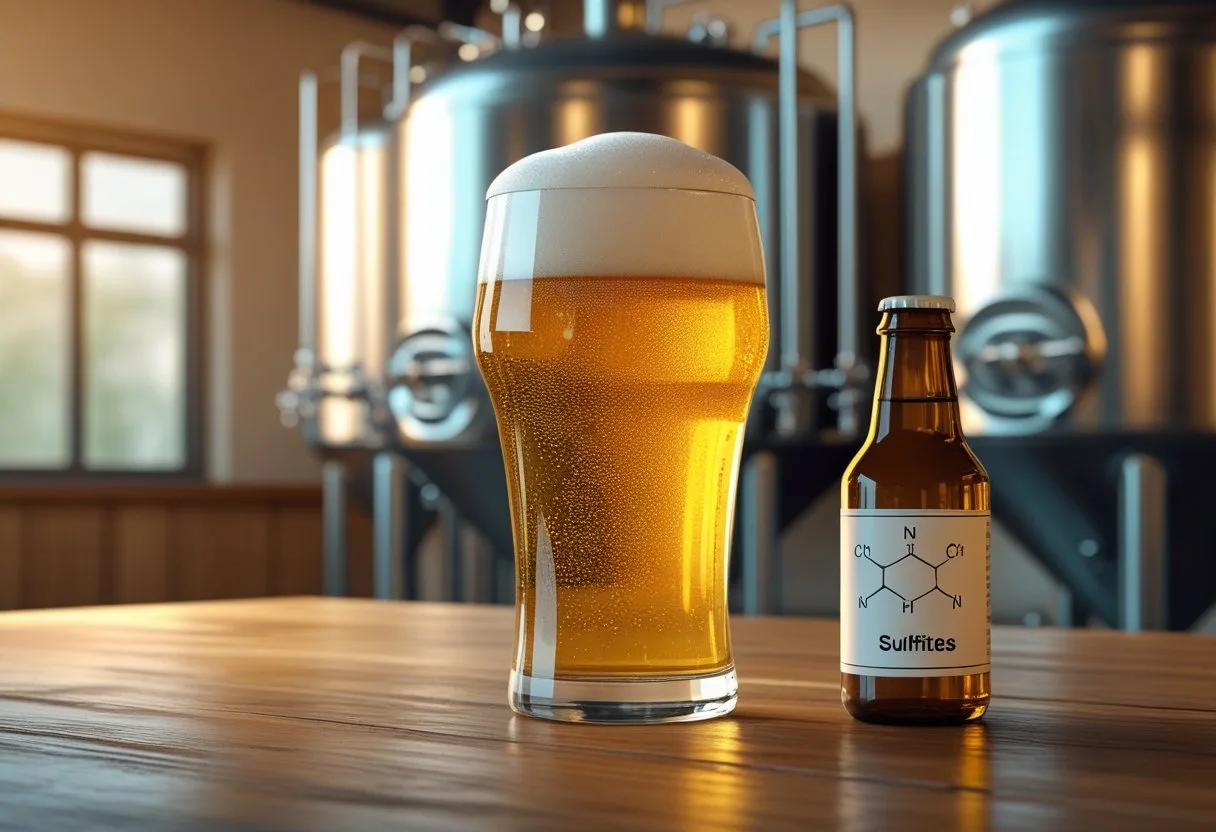 Un verre de bière dorée avec une mousse blanche posé sur une table en bois, à côté d'une petite bouteille transparente représentant des sulfites, dans un environnement de brasserie moderne.