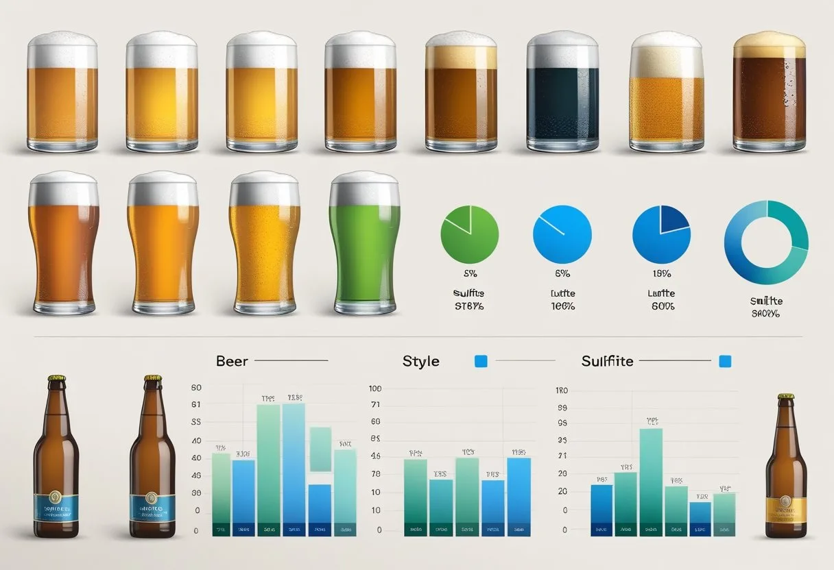 Professional illustration showing different types of beer with graphics indicating their sulphite levels.