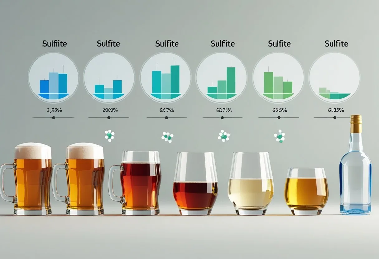 Visual comparison of sulphite levels in a pint of beer, a glass of red wine, a glass of white wine and a glass of whisky.