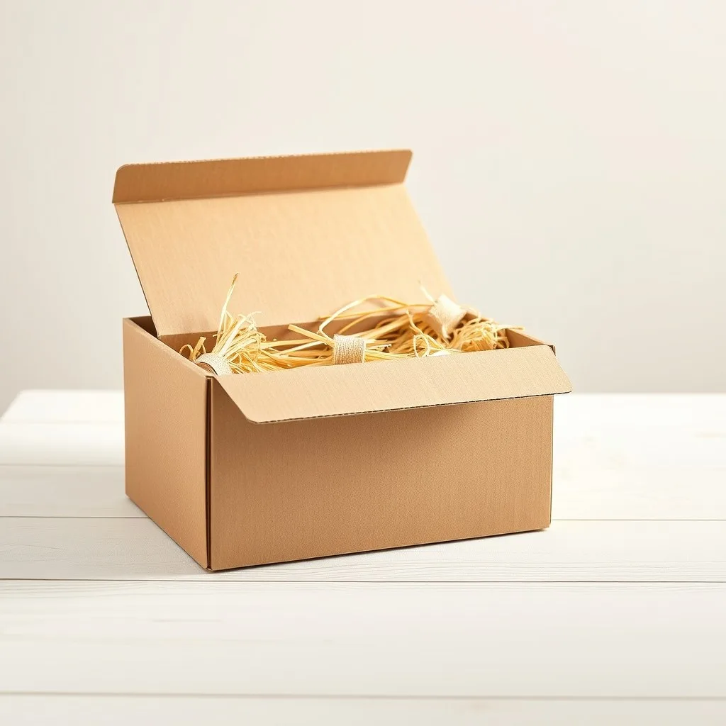 Plain kraft cardboard gift box, slightly open with straw packing, on a pale wooden table