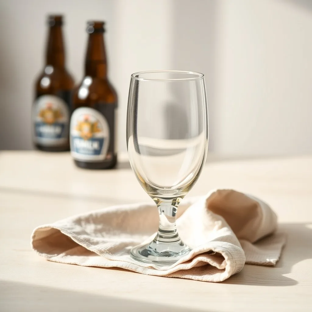Empty tulip beer glass beside a folded linen napkin on a pale wooden surface