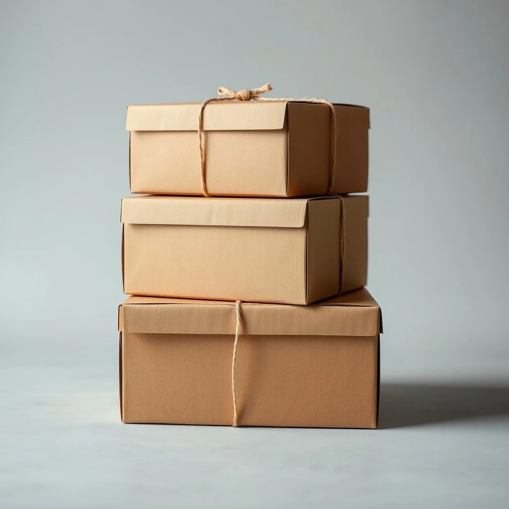 Three plain cardboard boxes stacked and tied with natural twine