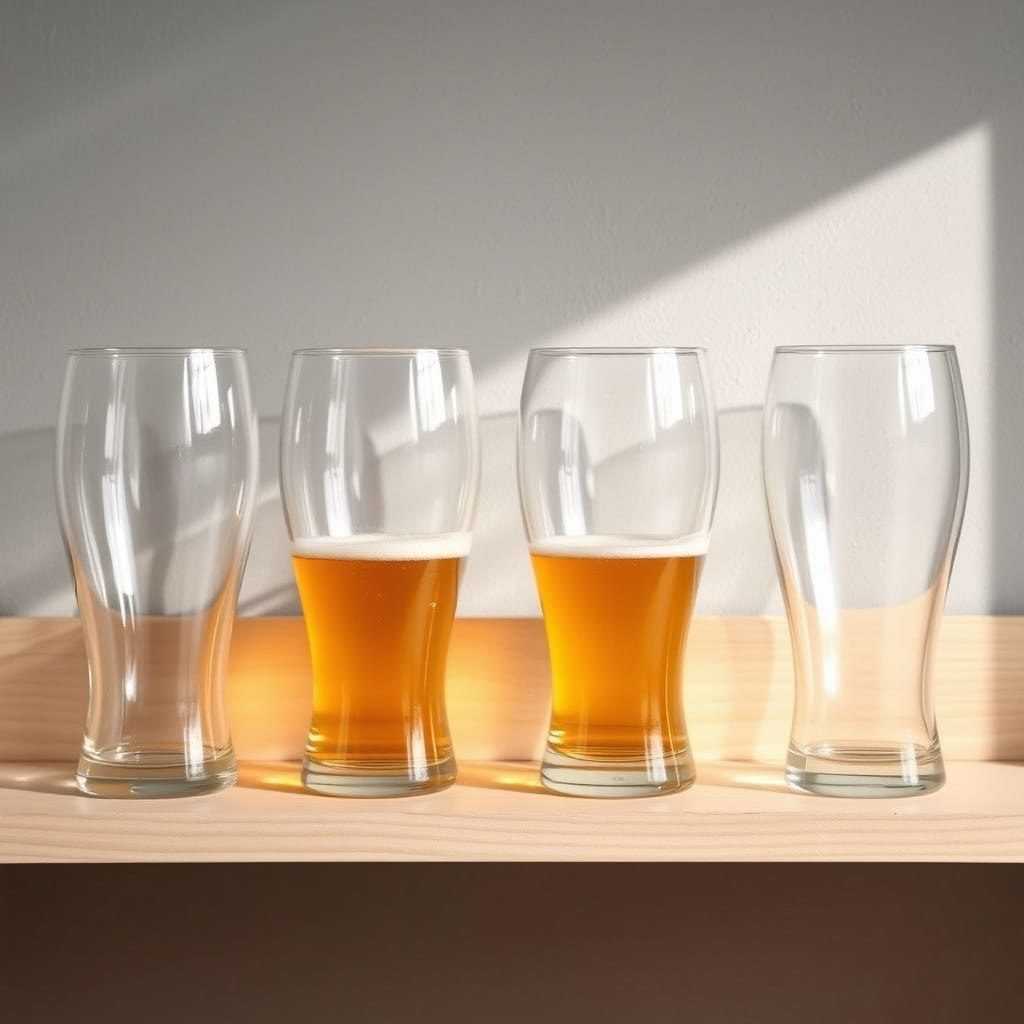 Four empty beer glasses of different shapes lined up on a pale wooden shelf