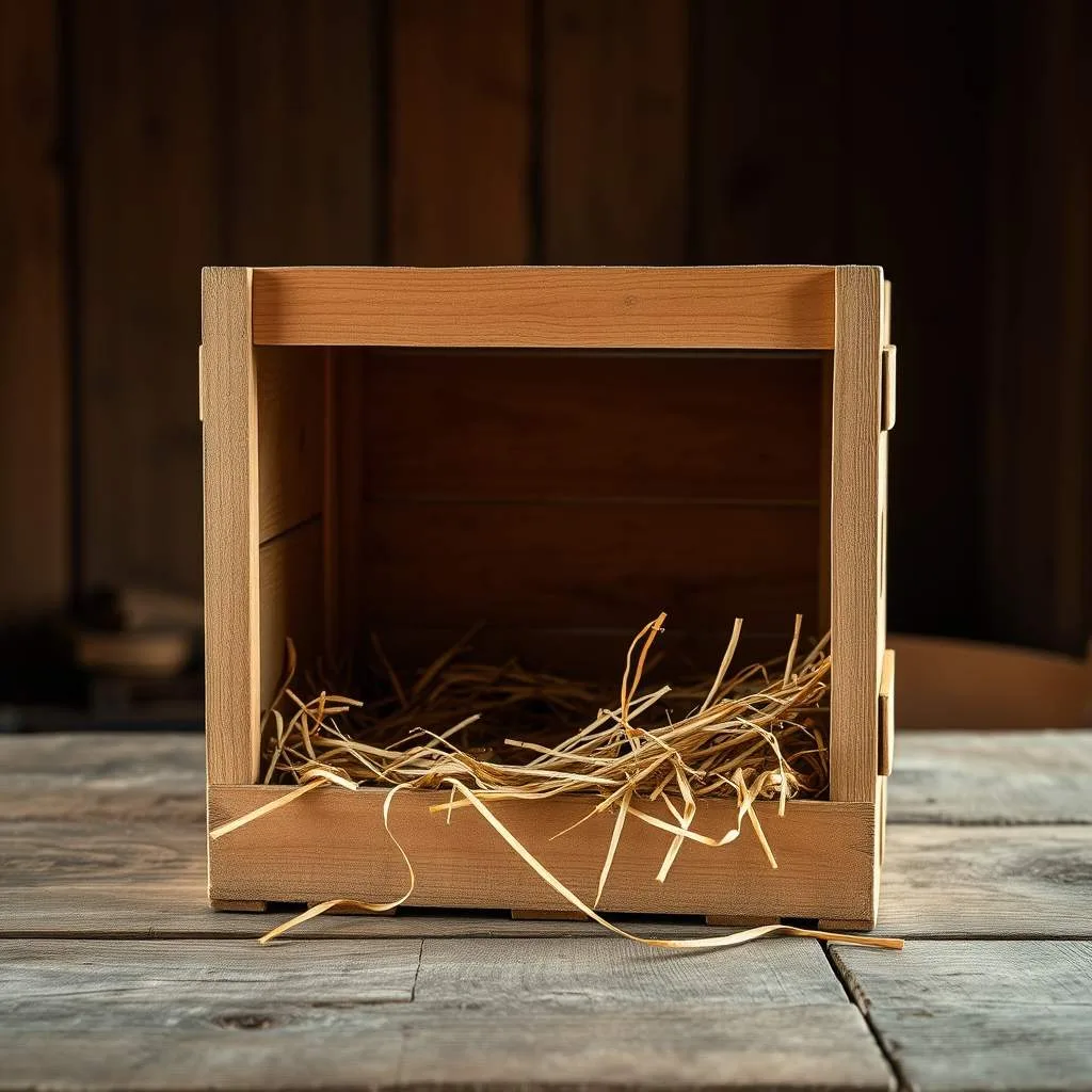 Open wooden crate lined with straw, empty, on a rustic table