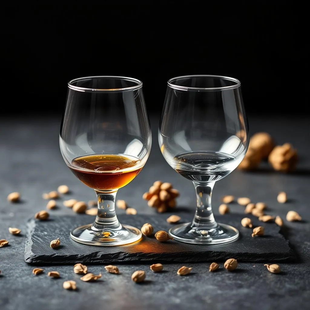 Two stemmed tasting glasses on a dark slate board with dried hop cones