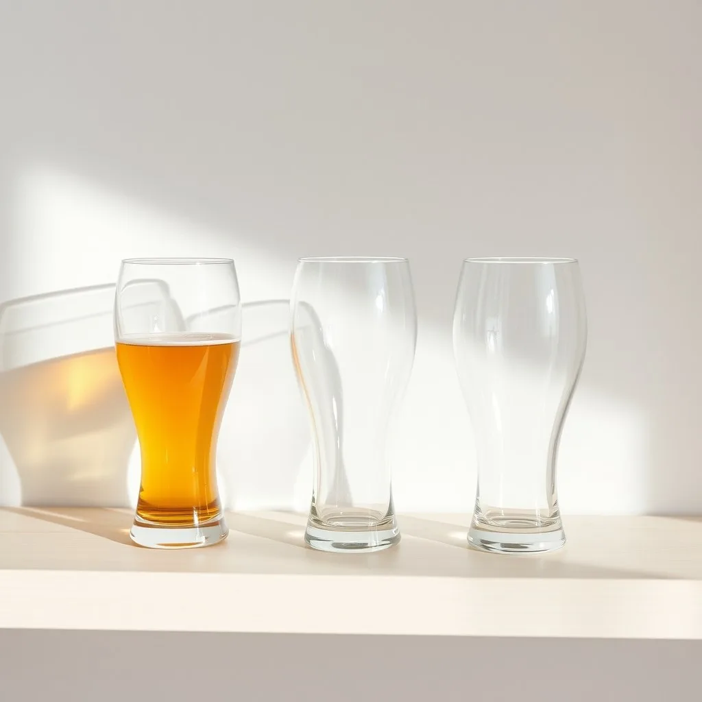 Trois verres à bière de formes différentes alignés sur une étagère en bois clair, lumière naturelle