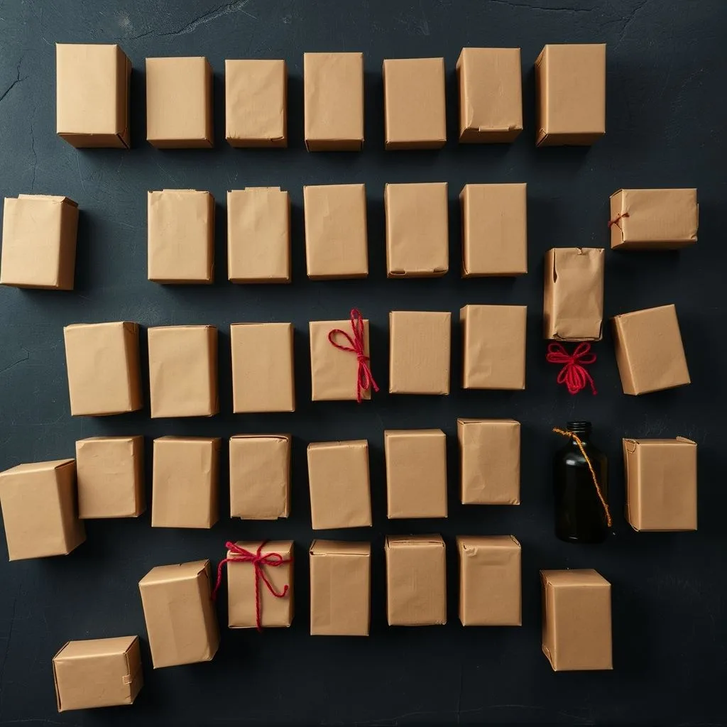 Twenty-four small plain kraft boxes arranged in a grid on dark slate, some tied with red twine