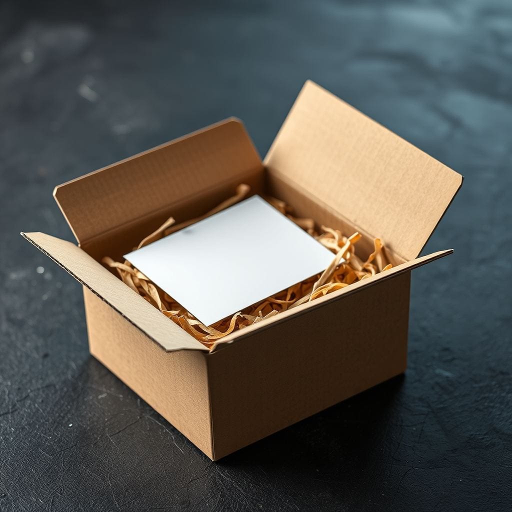 Open plain kraft subscription box lined with shredded paper, a folded card resting inside