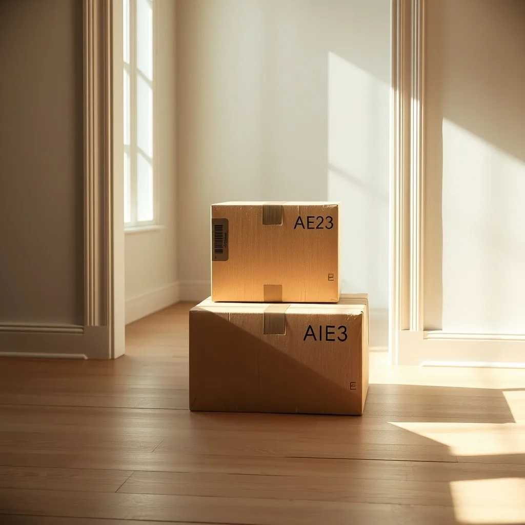 Trois cartons d'expédition en kraft nu empilés près d'une porte, lumière naturelle latérale