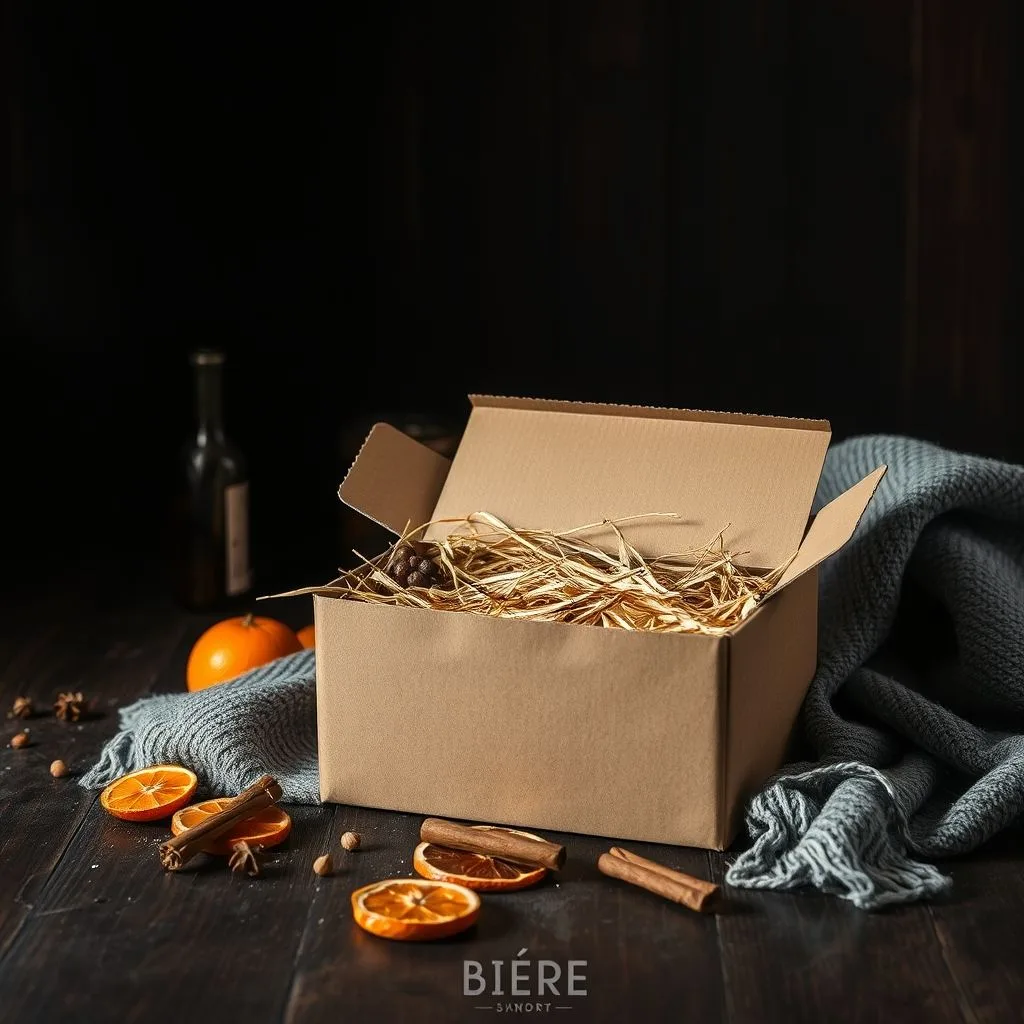 Open kraft gift box lined with straw on a dark wooden table, with dried orange slices and cinnamon sticks
